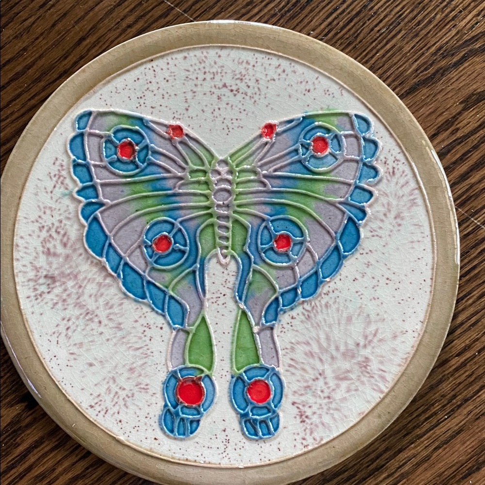 Source Unknown Ceramic Butterfly Wall Plaque  Or Tile- Blue Green Red